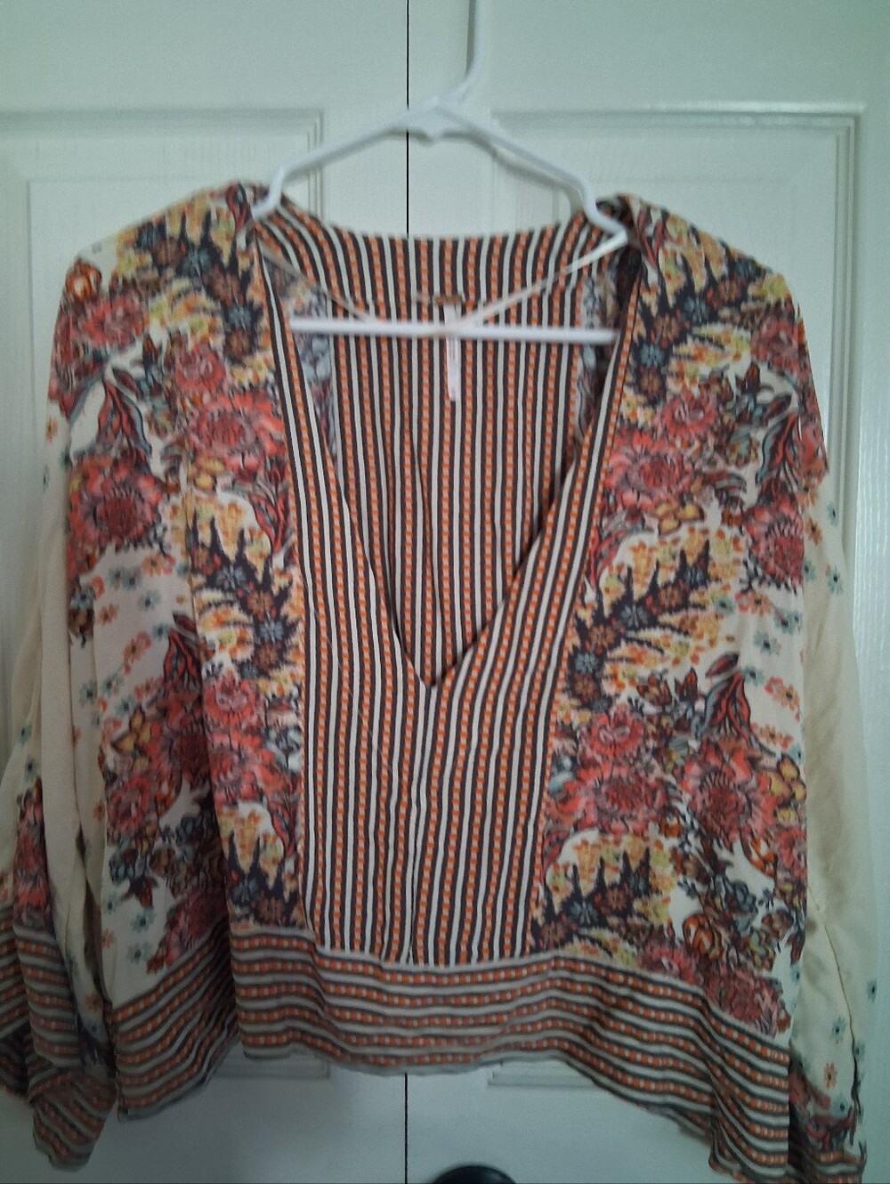 Free People Floral Stripe V-Neck Women's Blouse in Cream and Rust